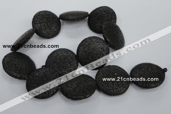 CLV51 15.5 inches 32mm flat round black natural lava beads wholesale