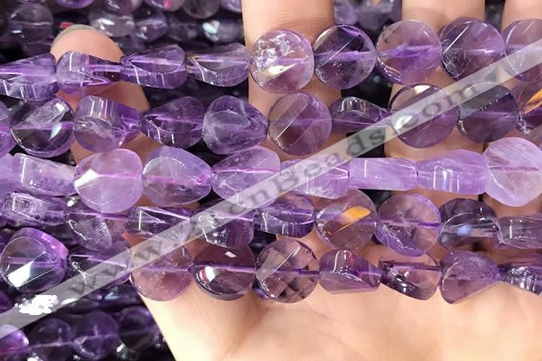 CNA1110 15.5 inches 12mm twisted & faceted coin amethyst beads