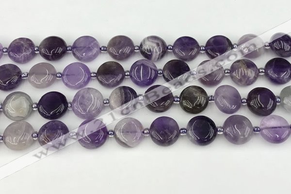 CNA1186 15.5 inches 12mm flat round amethyst beads wholesale