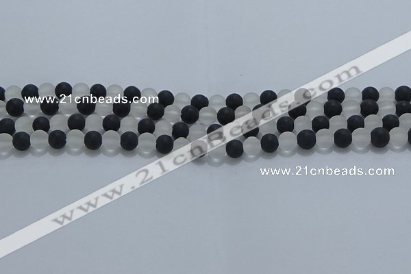 CNC111 15.5 inches 6mm round matte white crystal & black agate beads