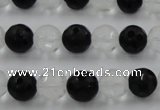 CNC87 15.5 inches 10mm carved round matte white crystal & black agate beads