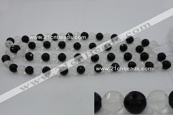 CNC87 15.5 inches 10mm carved round matte white crystal & black agate beads