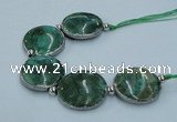 CNG2190 7.5 inches 30mm flat round agate beads with brass setting