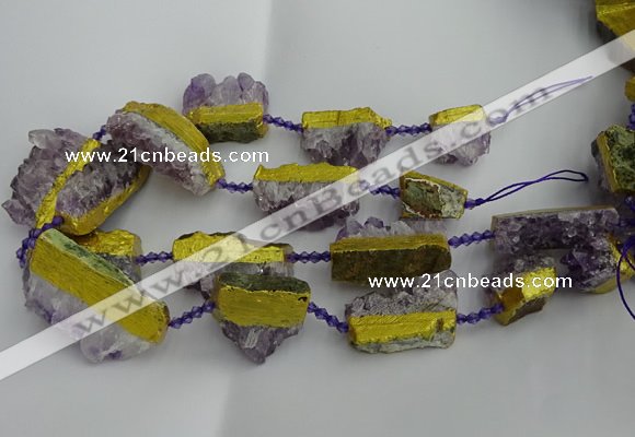 CNG5209 15.5 inches 15*20mm - 12*40mm freeform plated druzy amethyst beads