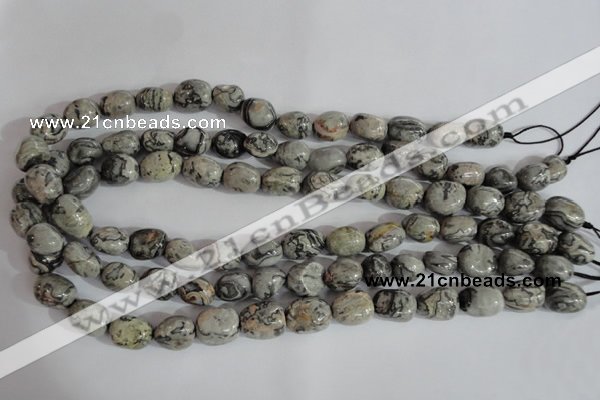 CNG557 15.5 inches 10*14mm nuggets grey picture jasper beads