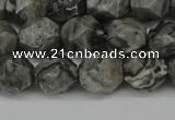 CNG6127 15.5 inches 8mm faceted nuggets grey picture jasper beads