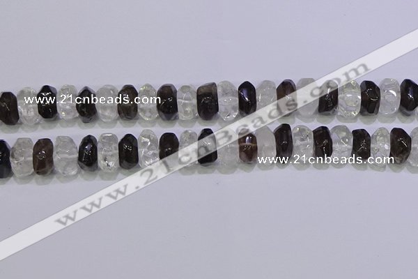 CNG6380 6*14mm - 8*14mm nuggets white crystal & smoky quartz beads