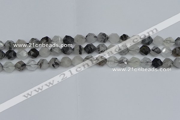 CNG7246 15.5 inches 8mm faceted nuggets black rutilated quartz beads