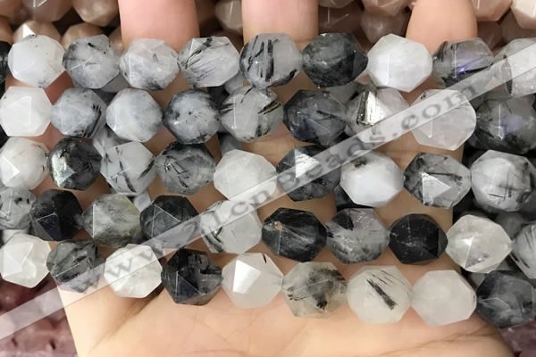 CNG8735 15.5 inches 12mm faceted nuggets black rutilated quartz beads