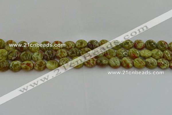 CNS622 15.5 inches 10mm flat round green dragon serpentine jasper beads