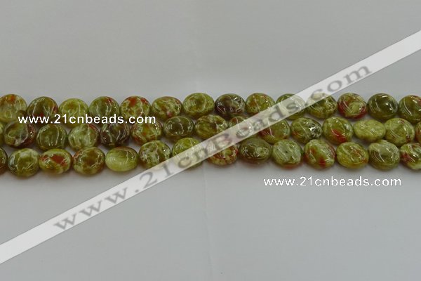 CNS623 15.5 inches 12mm flat round green dragon serpentine jasper beads