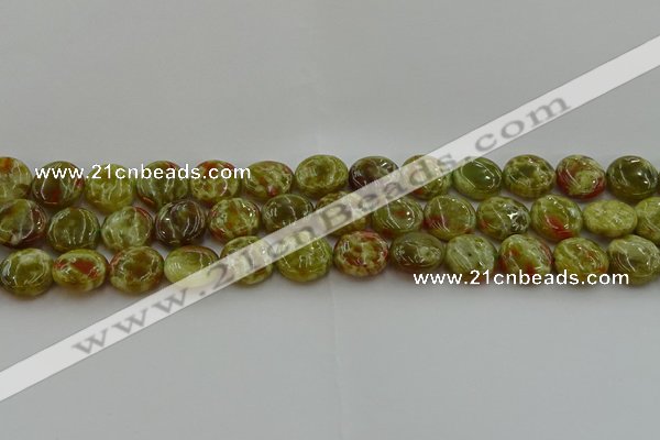 CNS624 15.5 inches 15mm flat round green dragon serpentine jasper beads