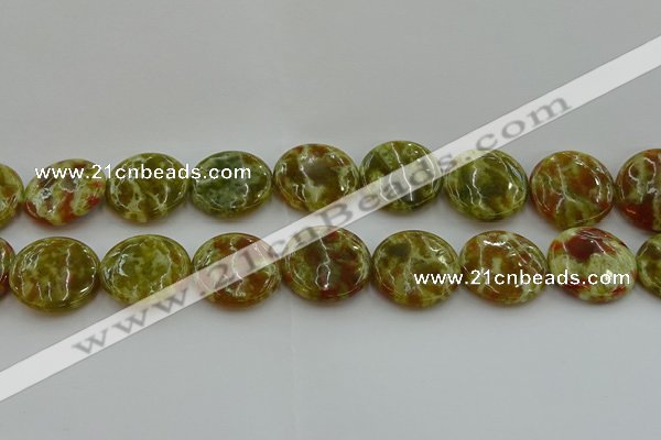 CNS627 15.5 inches 25mm flat round green dragon serpentine jasper beads