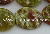 CNS628 15.5 inches 30mm flat round green dragon serpentine jasper beads