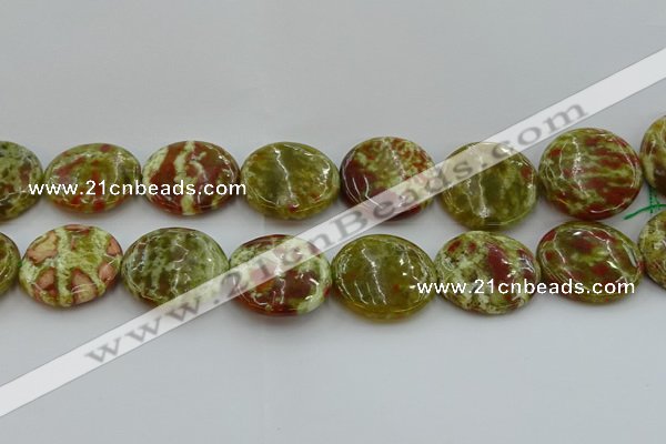 CNS628 15.5 inches 30mm flat round green dragon serpentine jasper beads