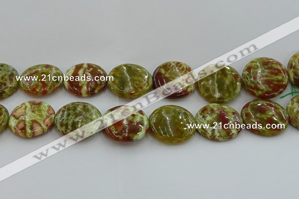 CNS629 15.5 inches 35mm flat round green dragon serpentine jasper beads