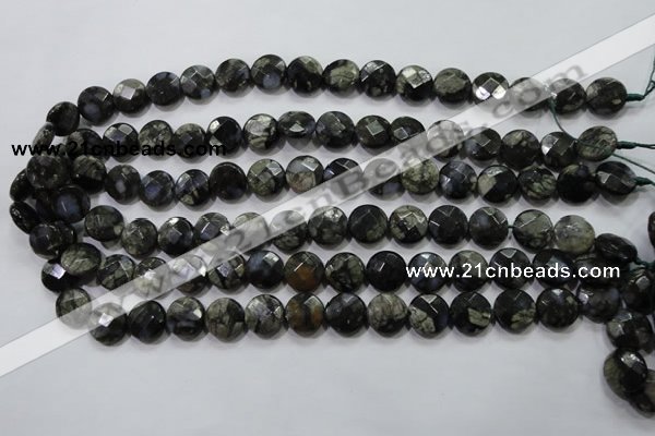 COP481 15.5 inches 12mm faceted coin natural grey opal beads