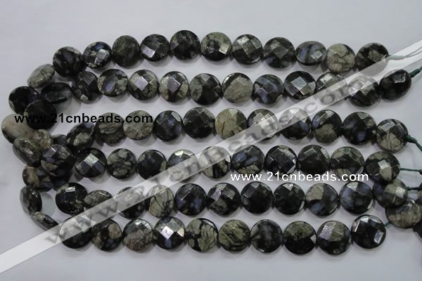 COP482 15.5 inches 15mm faceted coin natural grey opal beads