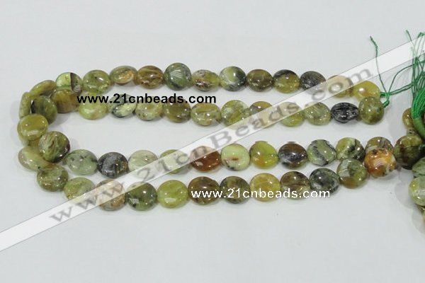 COP557 15.5 inches 14mm flat round natural yellow & green opal beads