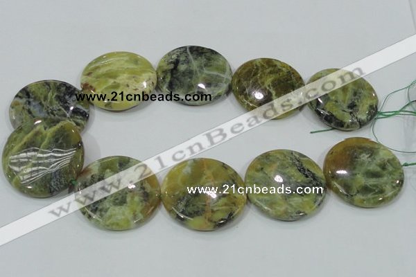 COP560 15.5 inches 40mm flat round natural yellow & green opal beads