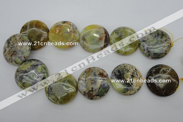 COP597 15.5 inches 35mm flat round natural yellow & green opal beads