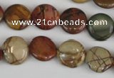 CPJ351 15.5 inches 14mm flat round picasso jasper gemstone beads