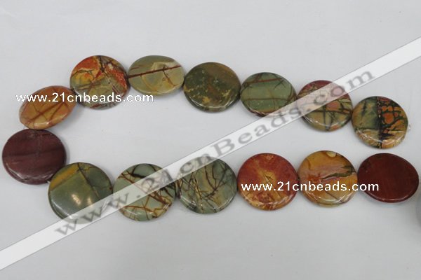 CPJ353 15.5 inches 30mm flat round picasso jasper gemstone beads