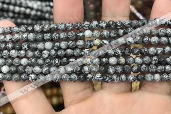 CPJ640 15.5 inches 4mm faceted round grey picture jasper beads