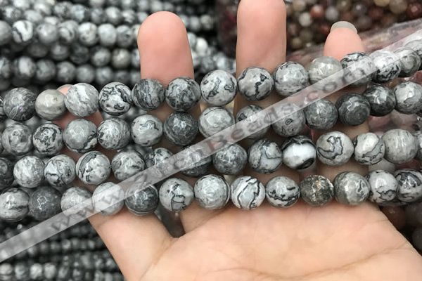 CPJ643 15.5 inches 10mm faceted round grey picture jasper beads