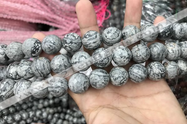 CPJ646 15.5 inches 16mm faceted round grey picture jasper beads