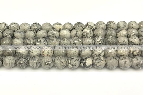 CPJ726 15 inches 8mm faceted round grey picture jasper beads