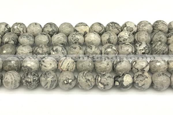 CPJ728 15 inches 12mm faceted round grey picture jasper beads