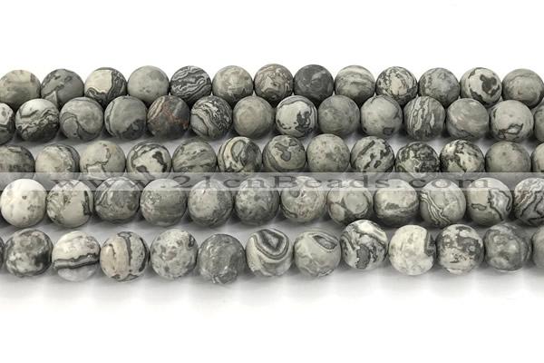 CPJ744 15 inches 12mm round matte grey picture jasper beads