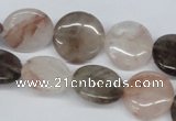 CPQ102 16mm flat round natural pink crystal & smoky quartz beads