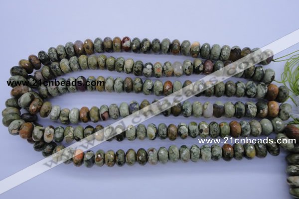 CPS118 15.5 inches 6*12mm faceted rondelle green peacock stone beads