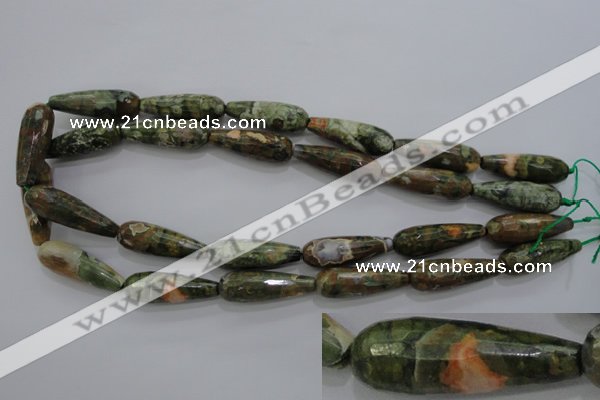 CPS133 15.5 inches 10*30mm faceted teardrop green peacock stone beads