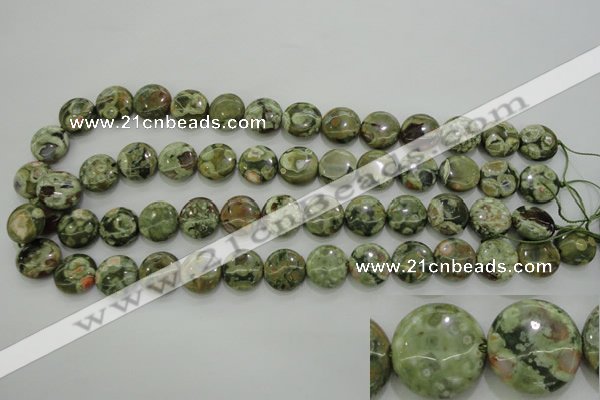 CPS142 15.5 inches 14mm flat round green peacock stone beads