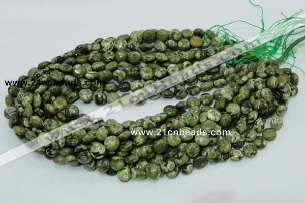 CPS35 15.5 inches 10mm flat round green peacock stone beads