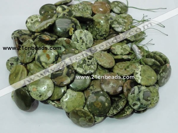 CPS39 15.5 inches 20mm flat round green peacock stone beads