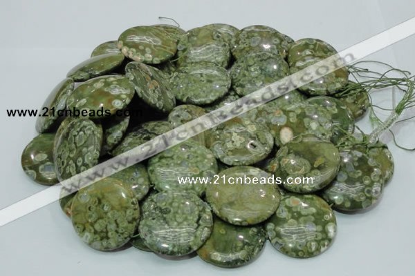 CPS40 15.5 inches 30mm flat round green peacock stone beads