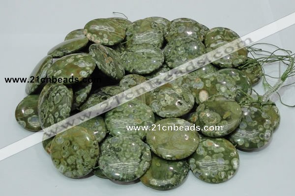 CPS41 15.5 inches 40mm flat round green peacock stone beads