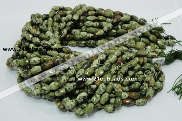 CPS66 15.5 inches 7*11mm faceted rice green peacock stone beads