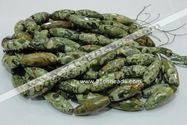CPS72 15.5 inches 15*40mm faceted rice green peacock stone beads