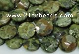 CPS84 15.5 inches 12mm faceted flat round green peacock stone beads