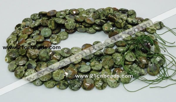 CPS84 15.5 inches 12mm faceted flat round green peacock stone beads