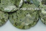 CPS88 15.5 inches 40mm faceted flat round green peacock stone beads