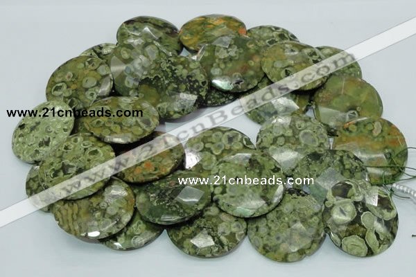 CPS88 15.5 inches 40mm faceted flat round green peacock stone beads