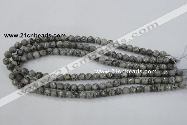 CPT112 15.5 inches 8mm faceted round grey picture jasper beads