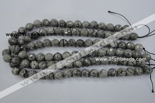 CPT114 15.5 inches 12mm faceted round grey picture jasper beads