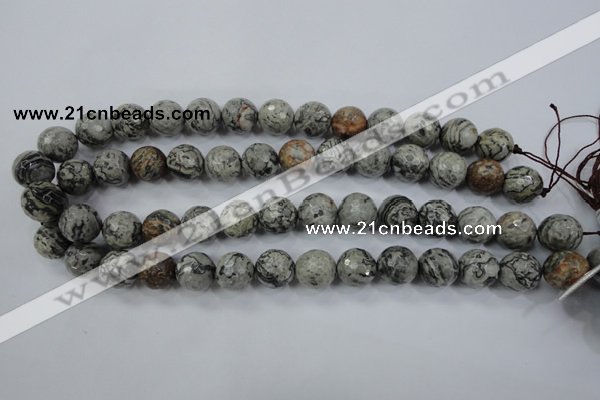 CPT115 15.5 inches 14mm faceted round grey picture jasper beads